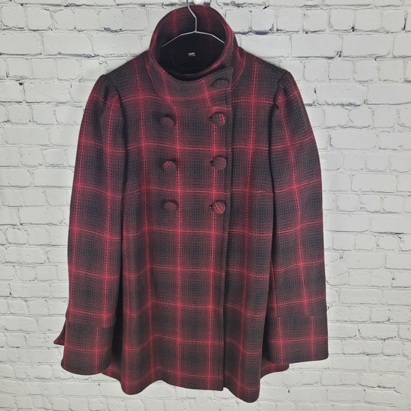 STEVE MADDEN | wool blend double breasted plaid pleated back peacoat - Picture 2 of 9